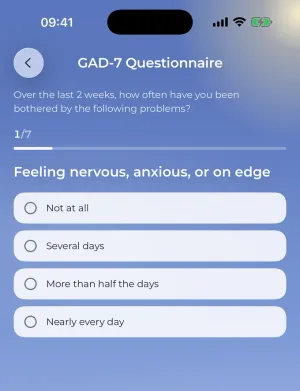The GAD-7 in the app: a question about the last two weeks and four answers from Not at all to Nearly every day.