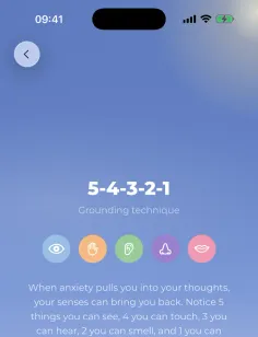 The grounding screen: five senses as coloured icons and a Begin button.