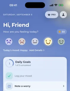 The home screen with five mood faces; the happy one is selected.