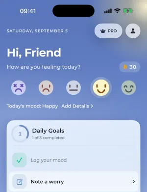 The home screen: five mood faces over a live sky, daily goals, and shortcuts into breathing and sounds.