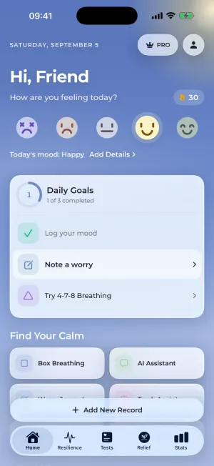 The home screen: five mood faces over a live sky, daily goals, and shortcuts into breathing and sounds.