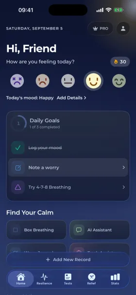 The app in dark mode: the same sky, at night.
