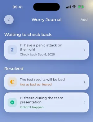 The Worry Journal: a worry waiting to be checked, and two resolved ones marked 'Not as bad as I feared' and 'It didn't happen'.
