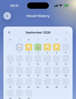 Mood History: a calendar with a face on each logged day, and a mood bar showing the balance for the month.