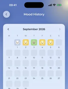 Mood History: a calendar with a face on each logged day, and a mood bar showing the balance for the month.