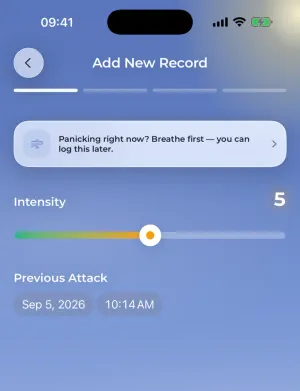 The new record screen: an intensity slider set to 5 and the date of the previous attack.