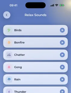 The Relax Sounds screen: birds, bonfire, chatter, gong, rain, thunder, water and white noise.