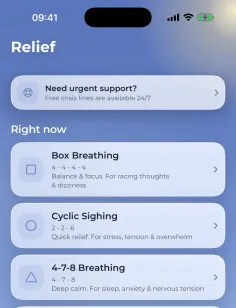 The Relief screen listing box breathing, cyclic sighing, 4-7-8 breathing and 5-4-3-2-1 grounding, with crisis lines at the top.