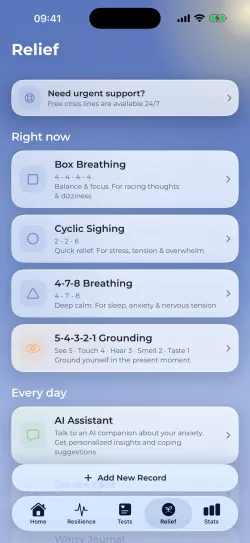 The Relief screen: box breathing, cyclic sighing, 4-7-8 breathing and 5-4-3-2-1 grounding.