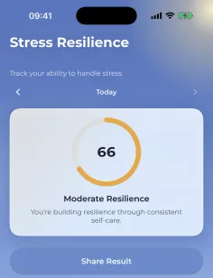 Stress Resilience: a ring showing 64, moderate resilience.