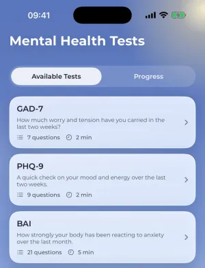 Mental Health Tests: GAD-7, PHQ-9, BAI, K10 and DASS-21 with question counts and durations.