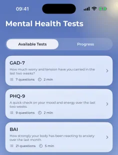 Mental Health Tests: GAD-7, PHQ-9, BAI, K10 and DASS-21 with question counts and durations.