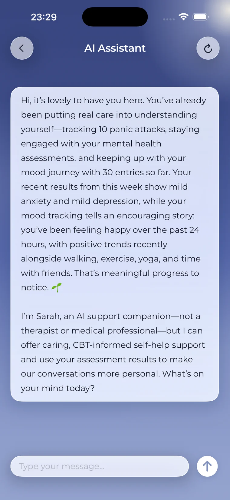 The AI assistant answering a message about feeling anxious before meetings.