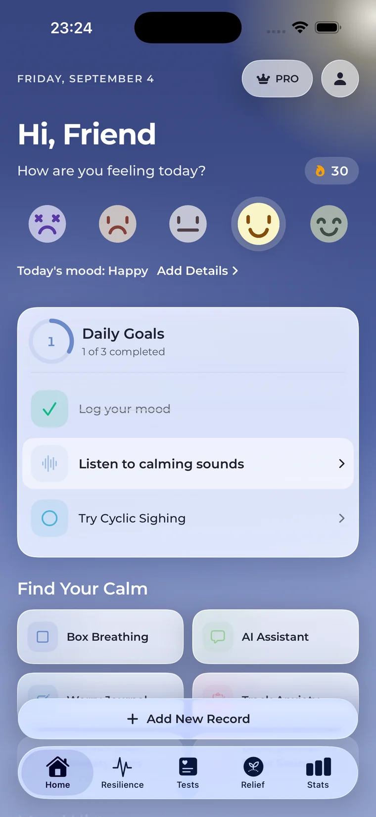 The Anxiety Tracker home screen: a mood row over a live sky, daily goals, and shortcuts into breathing and sounds.