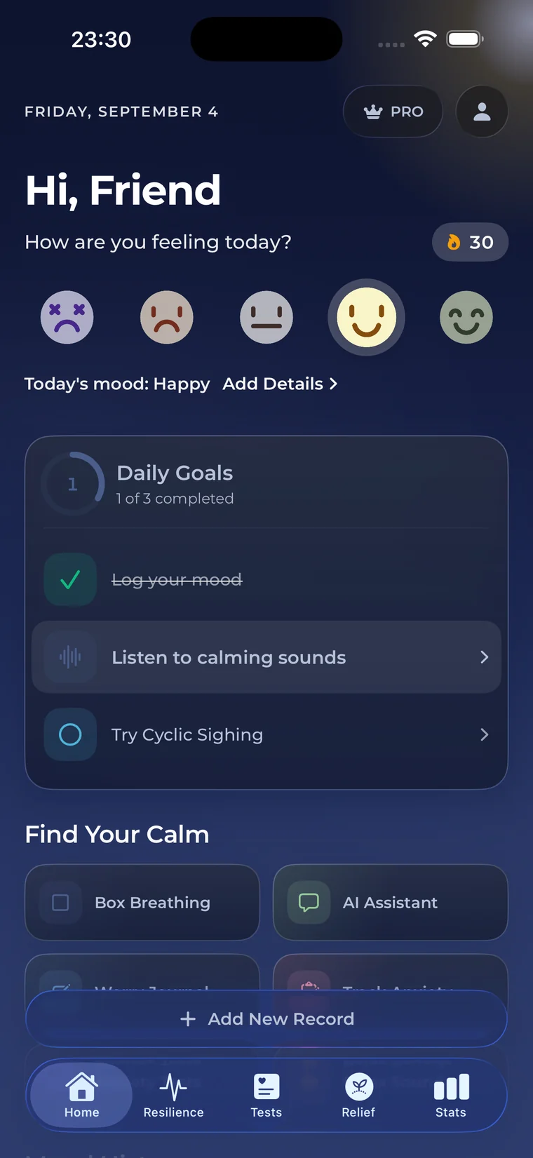 The app in dark mode: the same sky, at night.