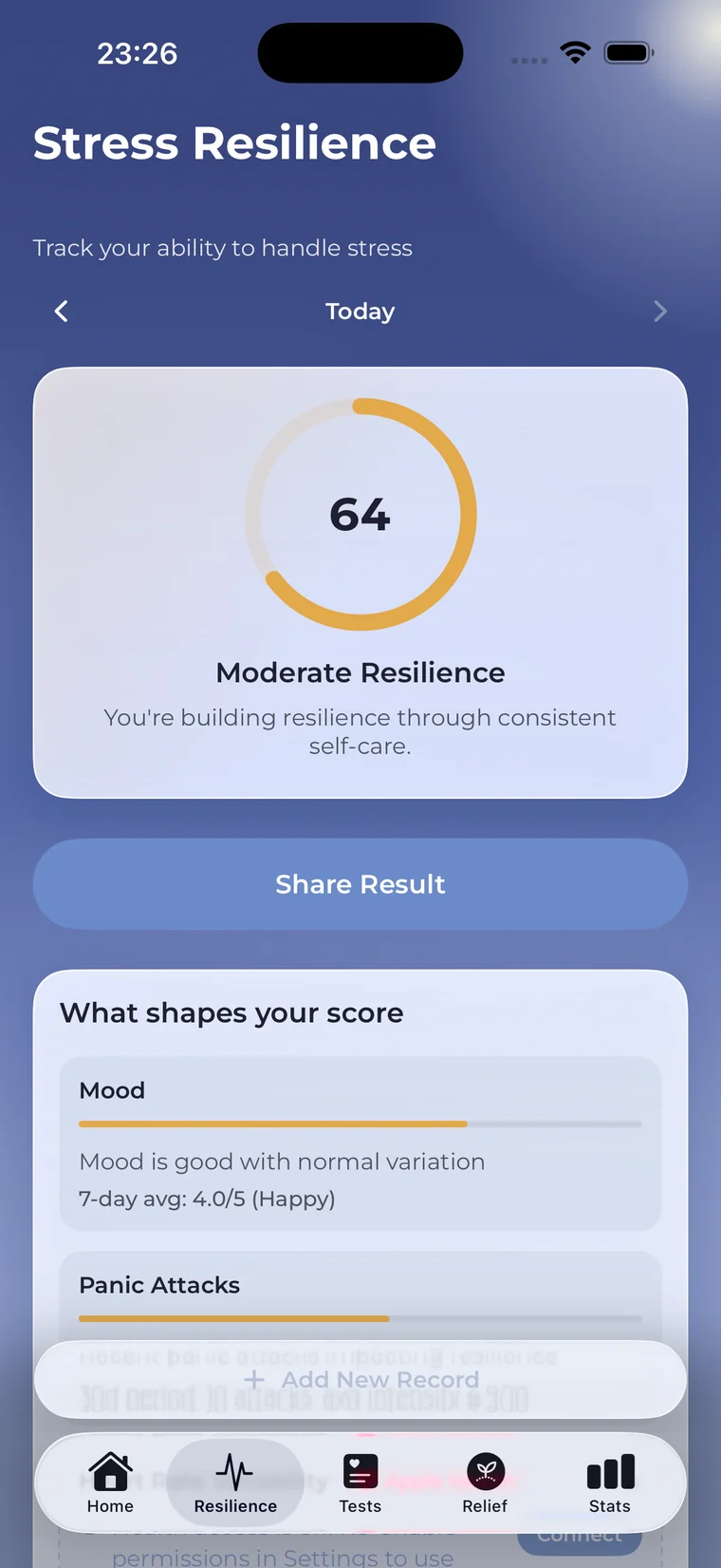 The stress resilience screen showing a score of 64 and the factors behind it.